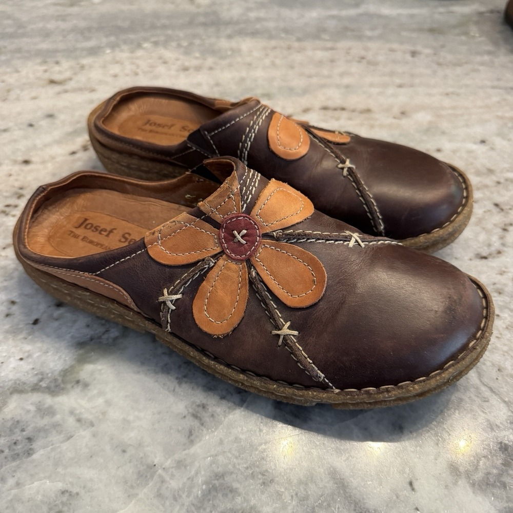 Josef Seibel Brown Leather Clogs Slip On Flower Comfort Sz 39 US 9 Women's
